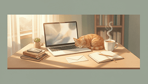 Cosy home office desk with a cat and an unopened envelope, illustrating procrastination