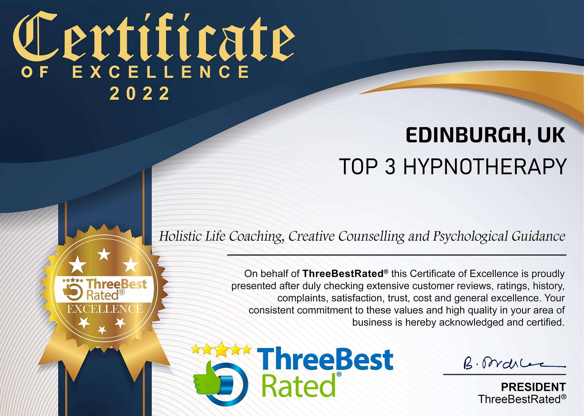 certificate of excellence in hypnotherapy